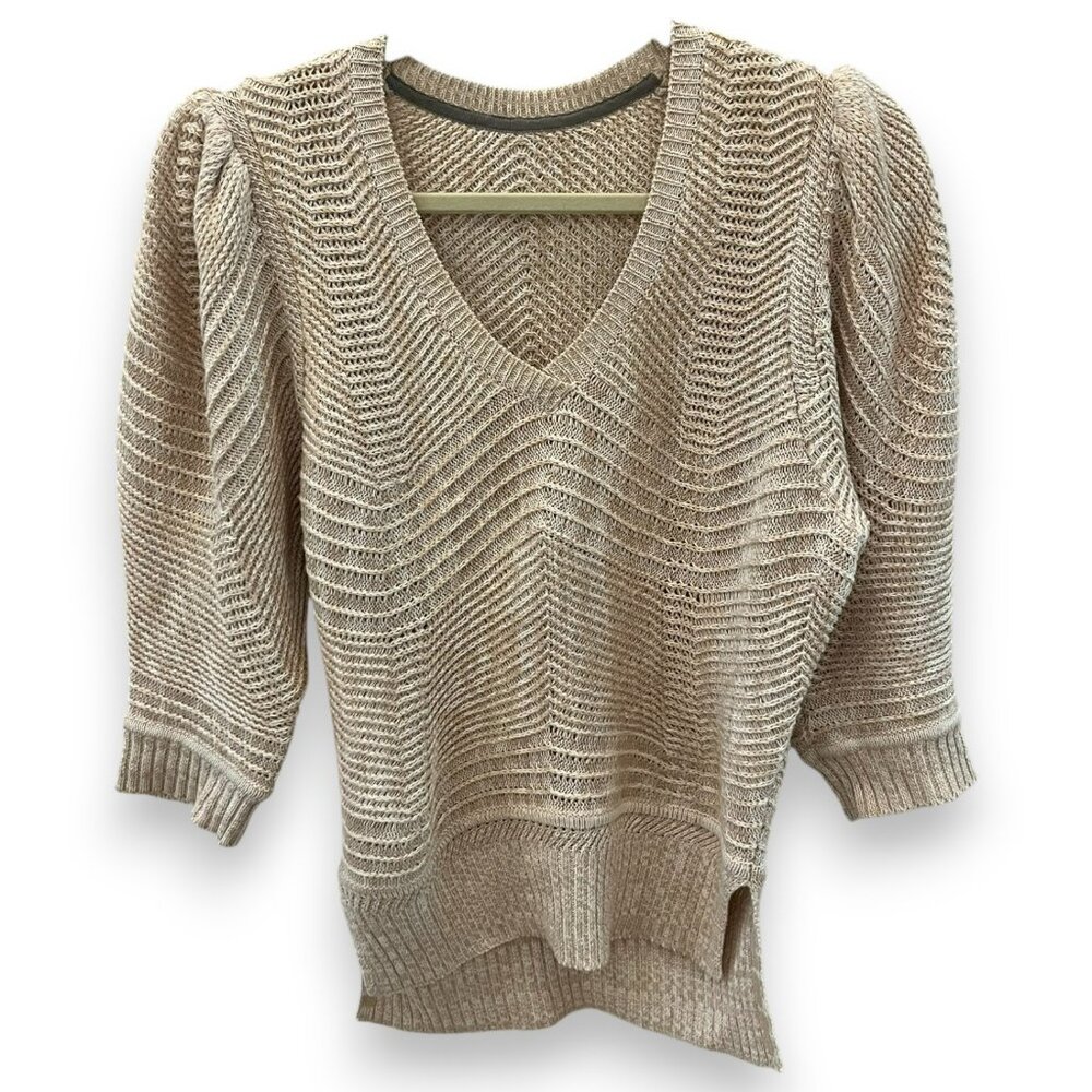 Brochu Walker "Arya Vee" Sweater Linen Cotton Puff Sleeve Cream Marle, S - Picture 3 of 4